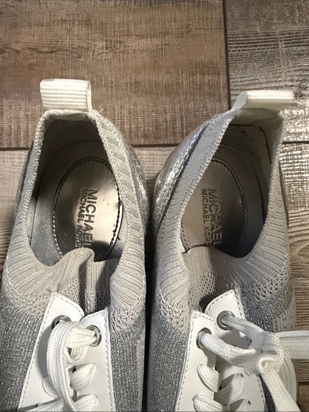 Michael Kors White and Gray Knit Lace-Up Sneakers with Metallic Accent - Picture 6 of 7